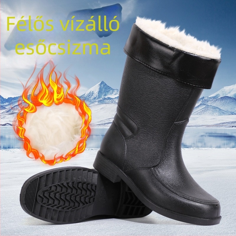 Férfiak számára magasított esőcsizmák, műanyag felső rész, gumitalp, vízálló és csúszásmentes, meleg fleece bélés