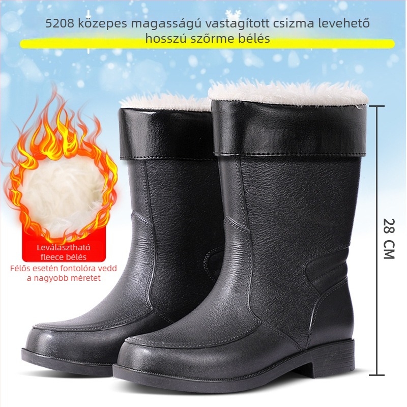 Férfiak számára magasított esőcsizmák, műanyag felső rész, gumitalp, vízálló és csúszásmentes, meleg fleece bélés