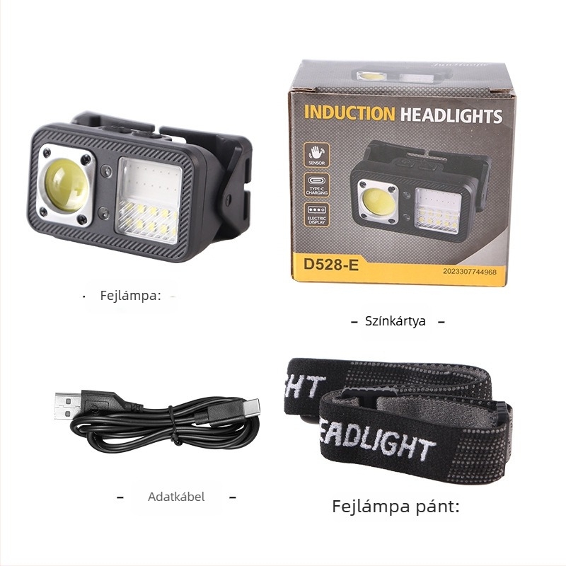 Kültéri fejlámpa COB LED-del, 8W, 18650 1200mAh, újratölthető, vízálló, max. 50 m fénycsóva