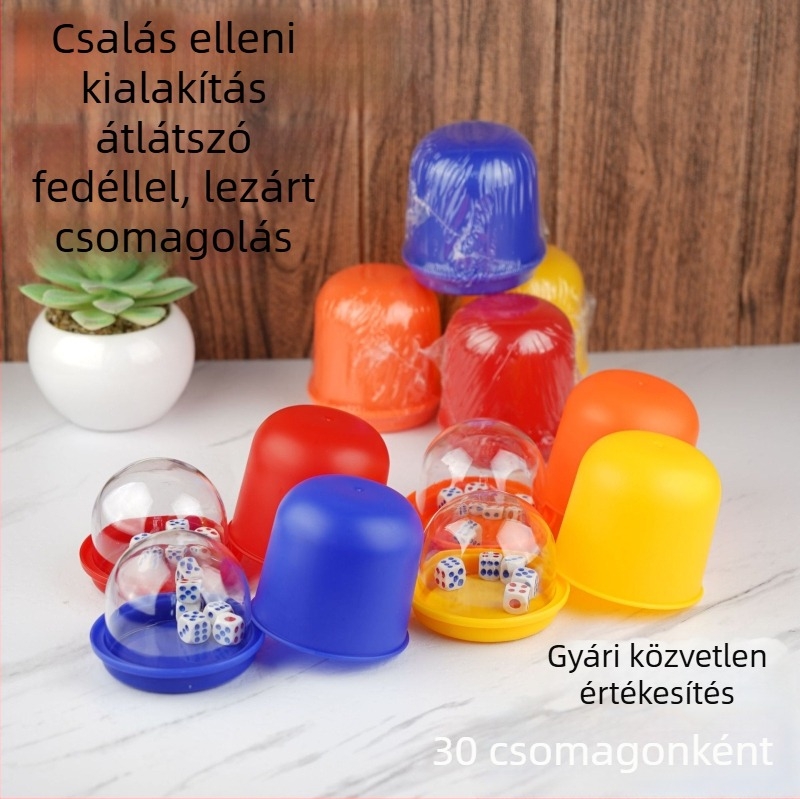 Műanyag dobókupakészlet átlátszó fedővel, lekerekített sarkú kialakítás, 5 beépített kockával, sakk- és kártyajátékokhoz
