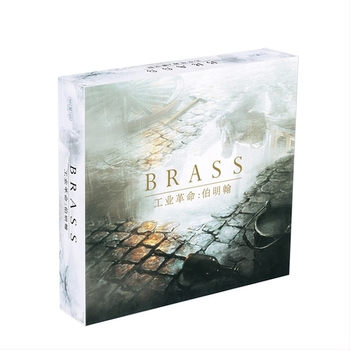 Brass Birmingham társasjáték kártyákkal 2–4 játékosnak, ipari forradalom téma, papíralapú elemek, korosztályok 7–14 és 15–35
