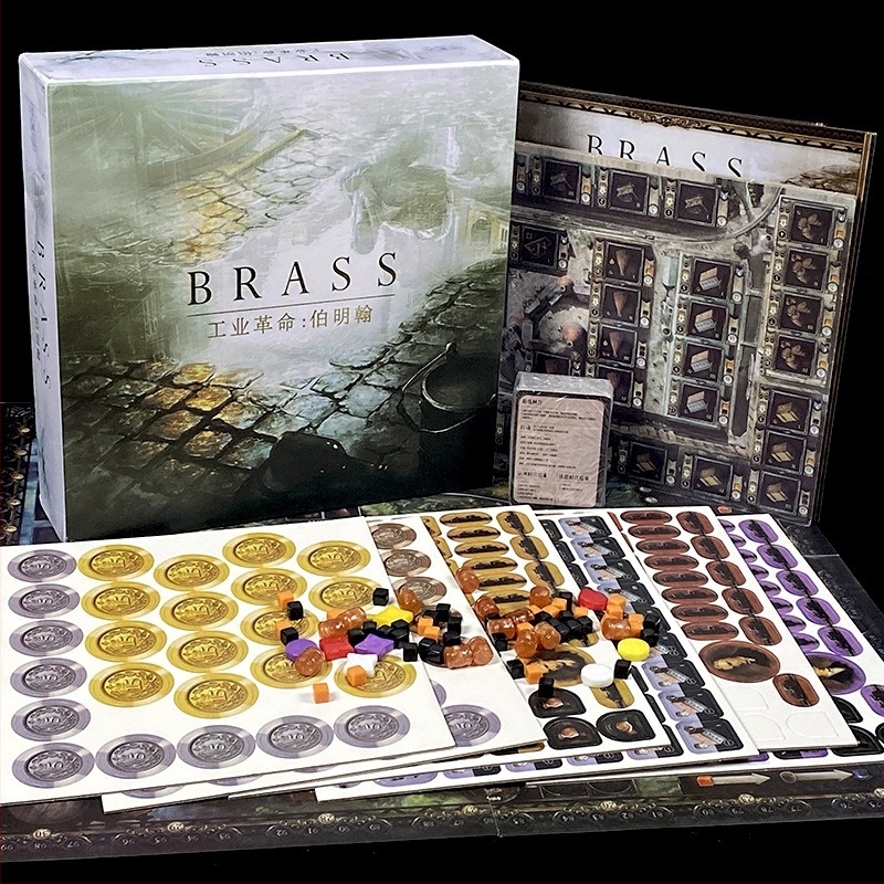 Brass Birmingham társasjáték kártyákkal 2–4 játékosnak, ipari forradalom téma, papíralapú elemek, korosztályok 7–14 és 15–35