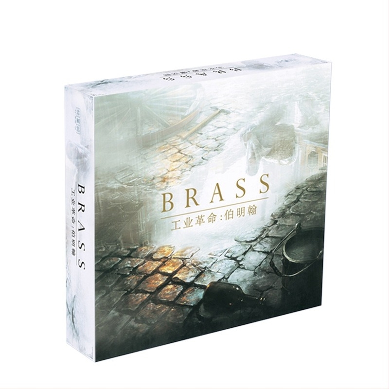 Brass Birmingham társasjáték kártyákkal 2–4 játékosnak, ipari forradalom téma, papíralapú elemek, korosztályok 7–14 és 15–35