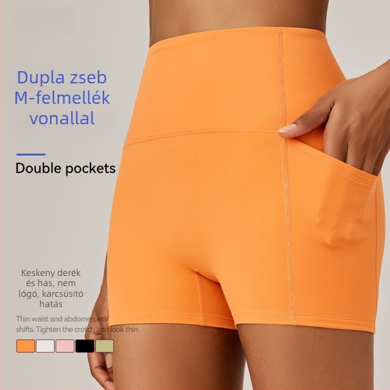 Magas derekú sportos jóga rövidnadrág hipemelő effektussal, gyorsan száradó, lélegző, nylon és spandex anyag