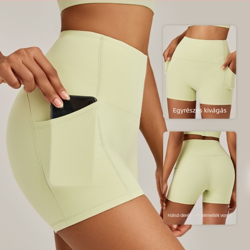 Magas derekú sportos jóga rövidnadrág hipemelő effektussal, gyorsan száradó, lélegző, nylon és spandex anyag