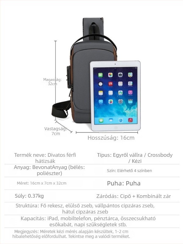 Férfi mellkas táska — PU, városi minimalist stílus, lélegző, vízálló, ultrakönnyű, betűs minta, polietilén bélés