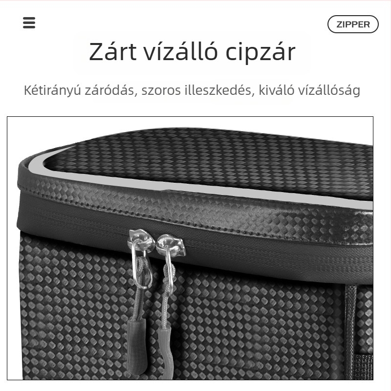 Elektromos kerékpár hátsó ülésére való táska vízálló cipzárral és reflexes részletekkel