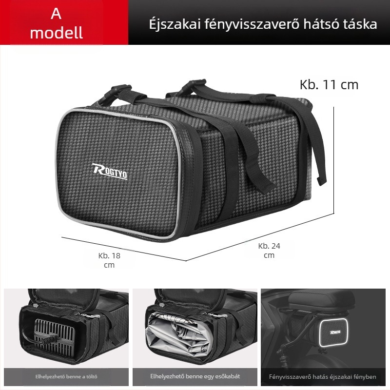 Elektromos kerékpár hátsó ülésére való táska vízálló cipzárral és reflexes részletekkel