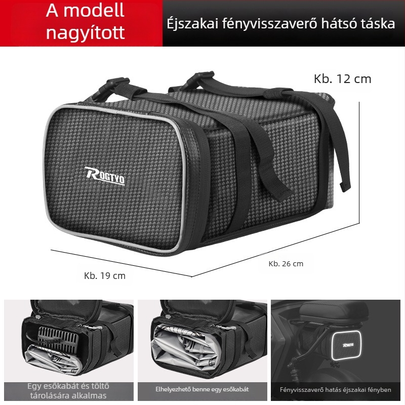Elektromos kerékpár hátsó ülésére való táska vízálló cipzárral és reflexes részletekkel