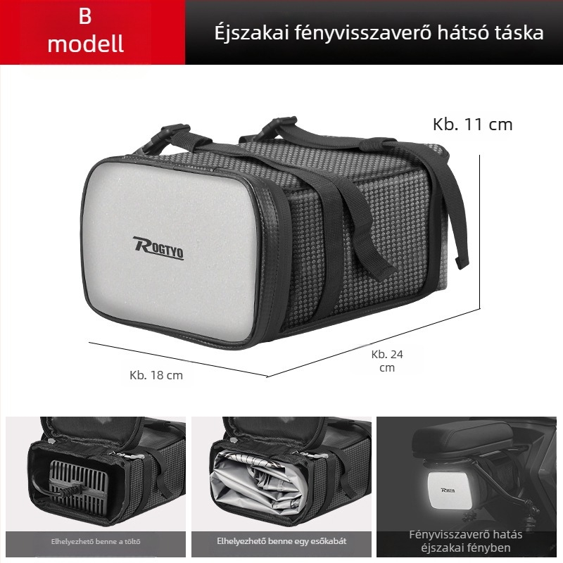 Elektromos kerékpár hátsó ülésére való táska vízálló cipzárral és reflexes részletekkel