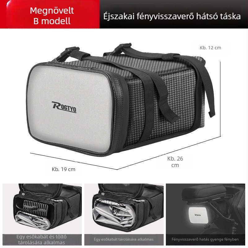 Elektromos kerékpár hátsó ülésére való táska vízálló cipzárral és reflexes részletekkel