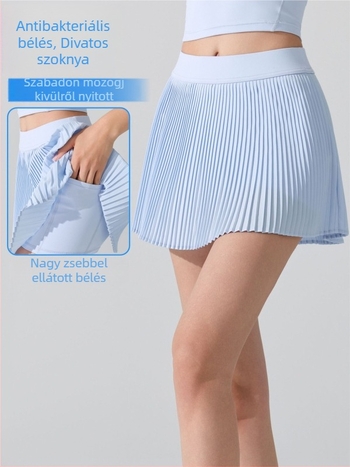 Női sportos plisírozott rövidszoknya, magas derekú, beépített anti-expozíciós rövidnadrág, poliészter, antibakteriális bélés 5A