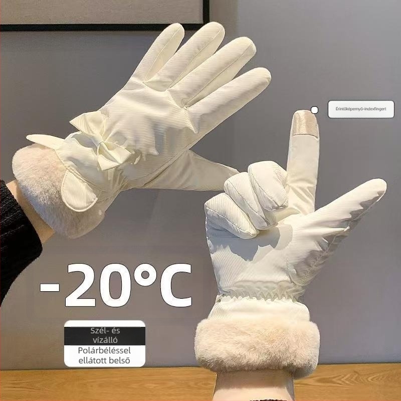 Női téli síkesztyűk, nylonból, érintésérzékelő képernyőhöz kompatibilis, medvefül és masni dizájn