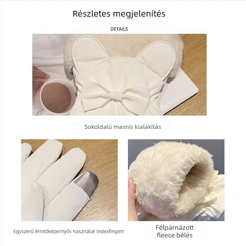 Női téli síkesztyűk, nylonból, érintésérzékelő képernyőhöz kompatibilis, medvefül és masni dizájn