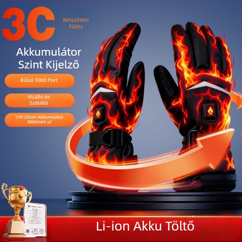 Töltődhető fűtött kerékpáros kesztyűk, uniszex felnőtteknek, bevont anyaggal, hosszú mandzsetta