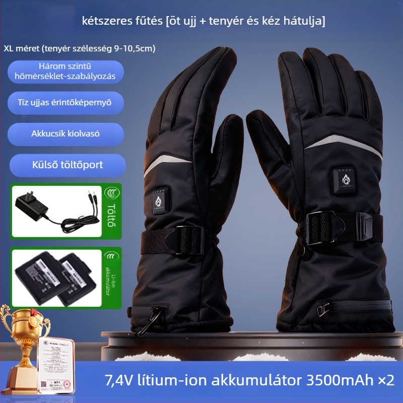 Töltődhető fűtött kerékpáros kesztyűk, uniszex felnőtteknek, bevont anyaggal, hosszú mandzsetta