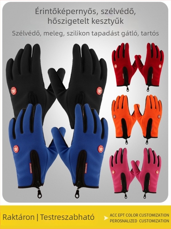 Téli érintőképernyős kesztyű kerékpározáshoz és síeléshez, polár fleece béléssel, szélálló, csúszásmentes fogás