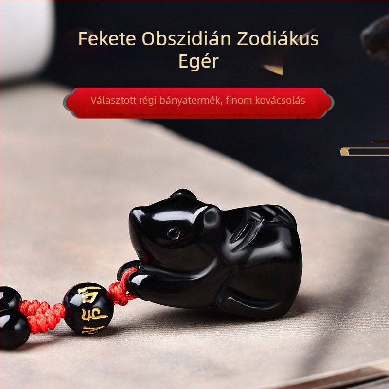 Természetes obszidián 3D egér medálos nyaklánc – uniszex zodiákus egér ékszer, nemzeti stílus