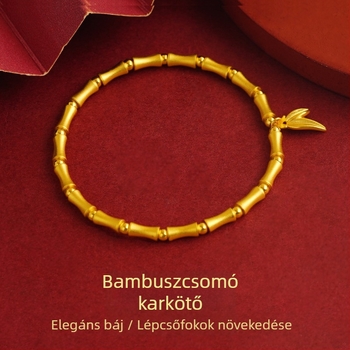 Női réz karkötő aranyozott felülettel, bambusz szakaszokkal, Hetian jade gyöngyökkel, levél motívummal, etnikus ékszer