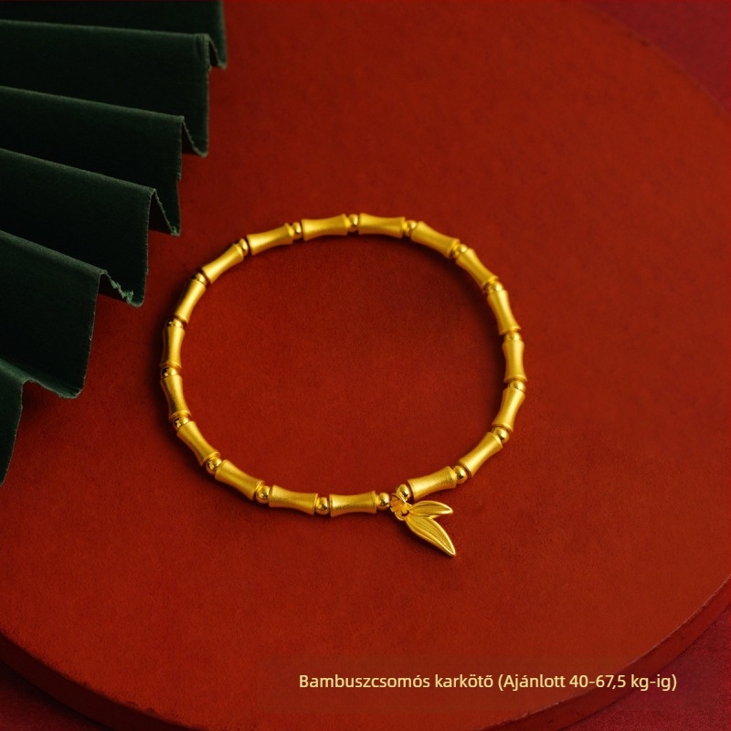 Női réz karkötő aranyozott felülettel, bambusz szakaszokkal, Hetian jade gyöngyökkel, levél motívummal, etnikus ékszer