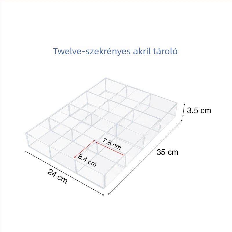 Akril asztali tárolódoboz átlátszó rekeszekkel kozmetikumok és ékszerek számára, fedéllel