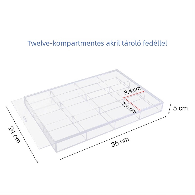 Akril asztali tárolódoboz átlátszó rekeszekkel kozmetikumok és ékszerek számára, fedéllel