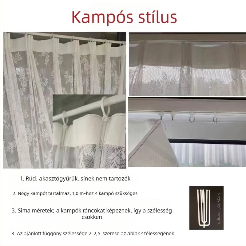 Francia vidéki csipkés hálószövésű függöny a konyhához, fehér, Velcro-zár, fúrás nélküli felhelyezés