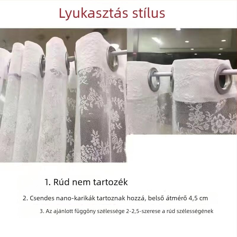 Francia vidéki csipkés hálószövésű függöny a konyhához, fehér, Velcro-zár, fúrás nélküli felhelyezés