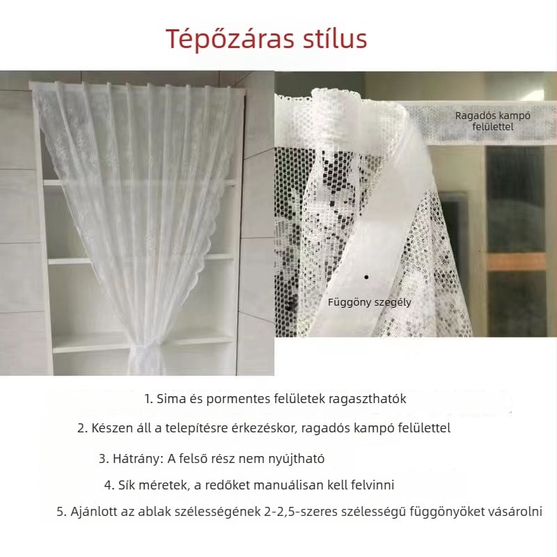 Francia vidéki csipkés hálószövésű függöny a konyhához, fehér, Velcro-zár, fúrás nélküli felhelyezés