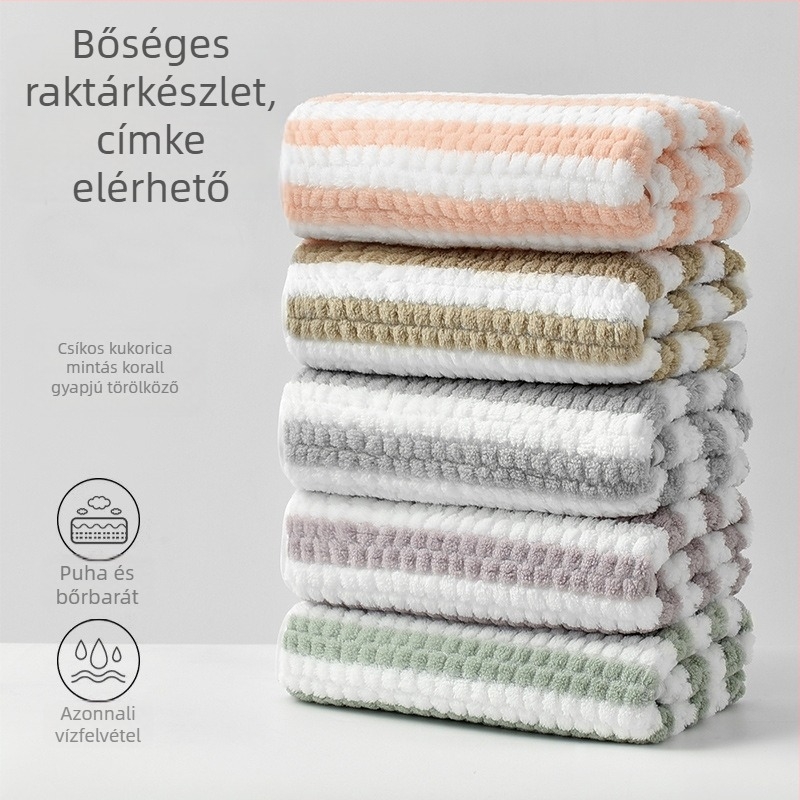 Csíkos korallfleece törölköző készlet fürdő- és arc-törölközőkkel, vastagított, nagy méret, kukorica szem mintázat