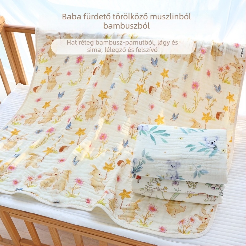6 rétegű bubble gauze fürdőlepedő pamutból, babáknak, karikatúra nyomtatás, súly 300–400 g