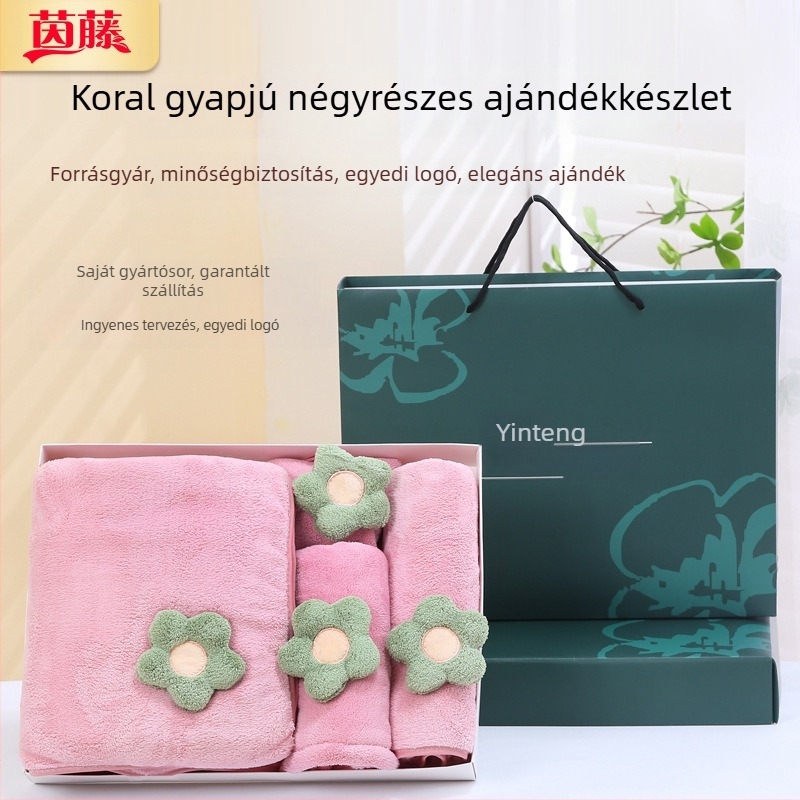 Korall fleece négy részes ajándékcsomag: fürdősapka és kéztörölköző a dobozban