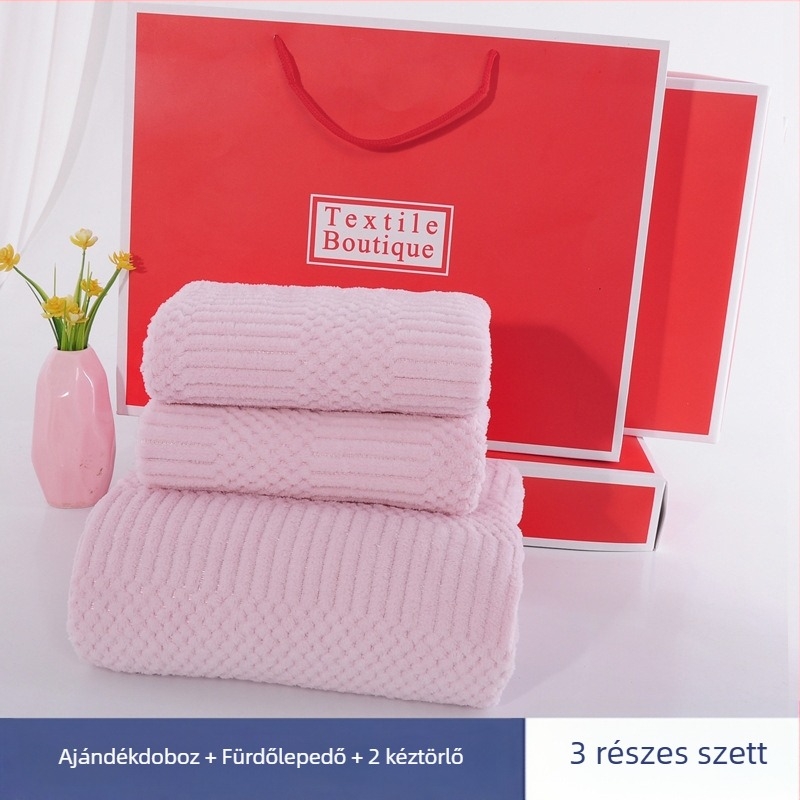 Három darabos törölköző és fürdőtörölköző készlet korall fleece anyagból, vastag, nedvszívó, nagy méretek, ajándékdoboz esküvőre