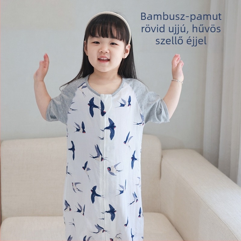 Gyerekek nyári kétszintes rövidujjú bambusz rostos hálózsák, bambusz-pamut bélés, cartoon mintázat, nedvesség-elvezetés