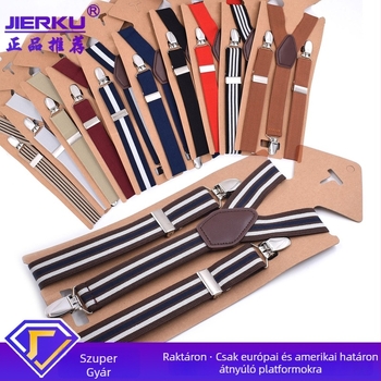 Uniszex nadrágtartó, 3 csipeszes, állítható, kereszttartó, elasztikus poliészter