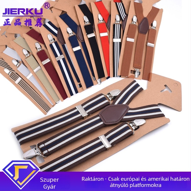 Uniszex nadrágtartó, 3 csipeszes, állítható, kereszttartó, elasztikus poliészter