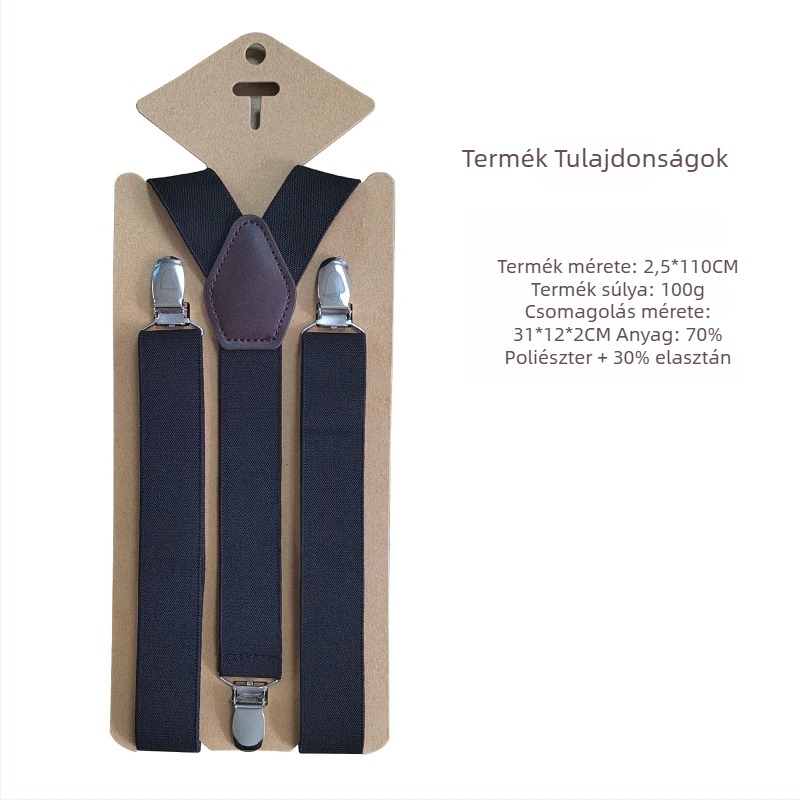 Uniszex nadrágtartó, 3 csipeszes, állítható, kereszttartó, elasztikus poliészter