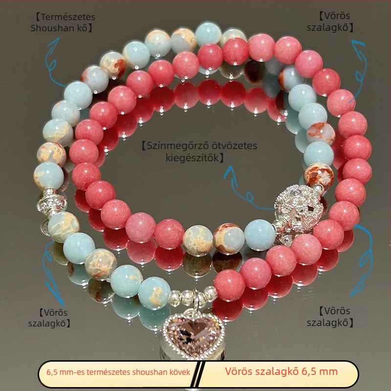 Női Shoushan kőből készült, két rétegű karkötő kézzel kötve — szív, masni és geometriai formák
