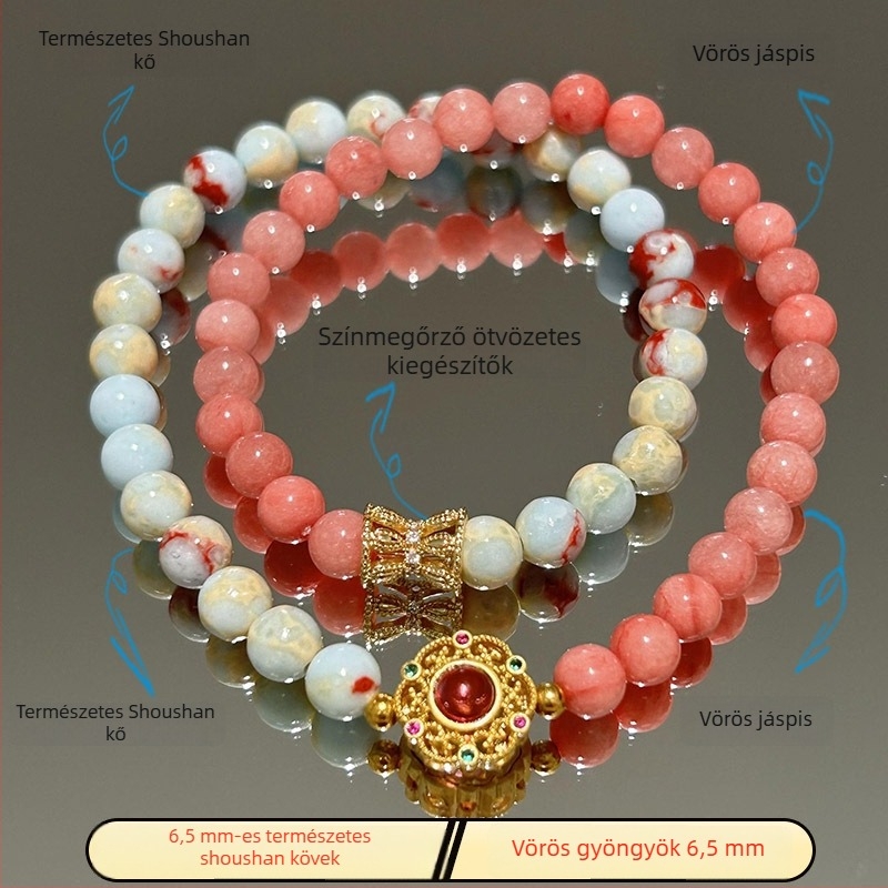 Női Shoushan kőből készült, két rétegű karkötő kézzel kötve — szív, masni és geometriai formák