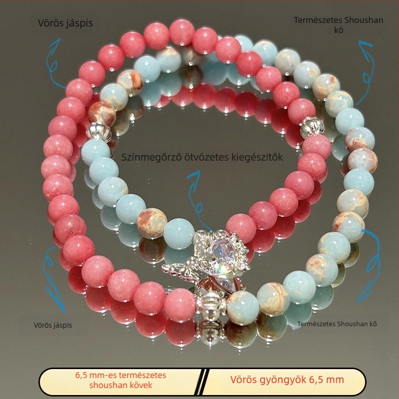 Női Shoushan kőből készült, két rétegű karkötő kézzel kötve — szív, masni és geometriai formák