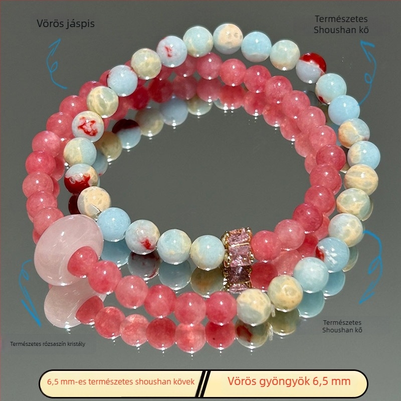 Női Shoushan kőből készült, két rétegű karkötő kézzel kötve — szív, masni és geometriai formák