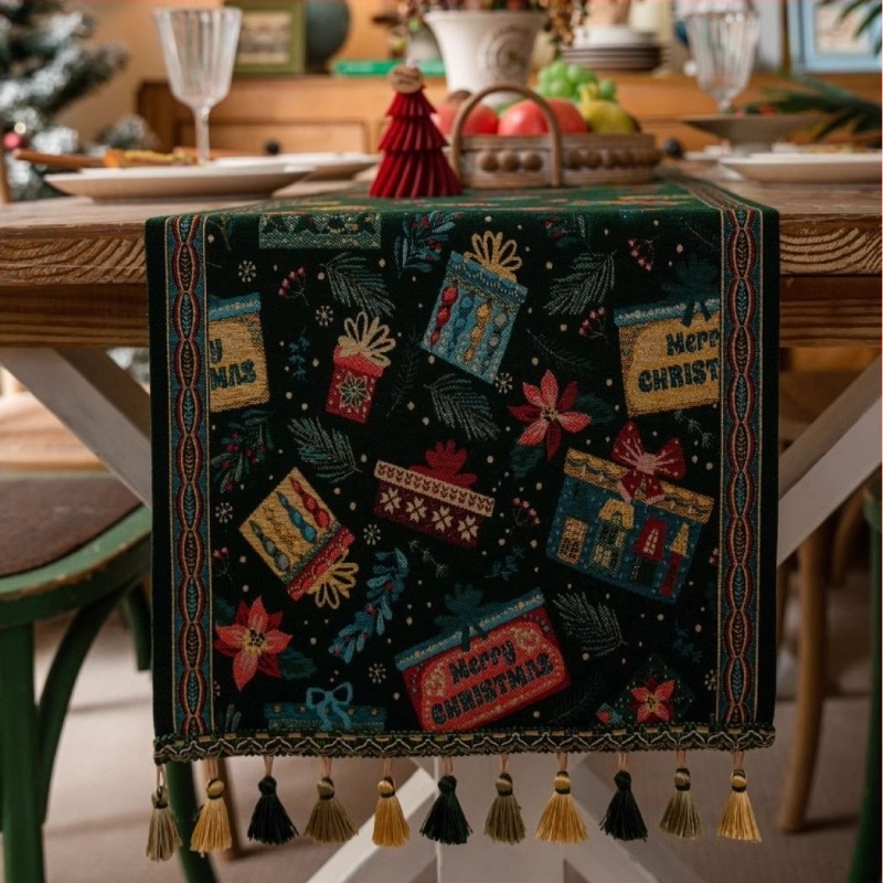 Karácsonyi jacquard asztali futó, 100% poliészter, bojtokkal, amerikai retro karácsonyi stílus, nappali, étterem, erkély