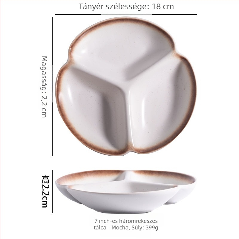 Zsírcsökkentő rekeszes vacsora tányér, porcelán, szabálytalan alak, modern minimalista stílus, mikróban használható
