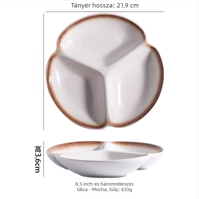 Zsírcsökkentő rekeszes vacsora tányér, porcelán, szabálytalan alak, modern minimalista stílus, mikróban használható