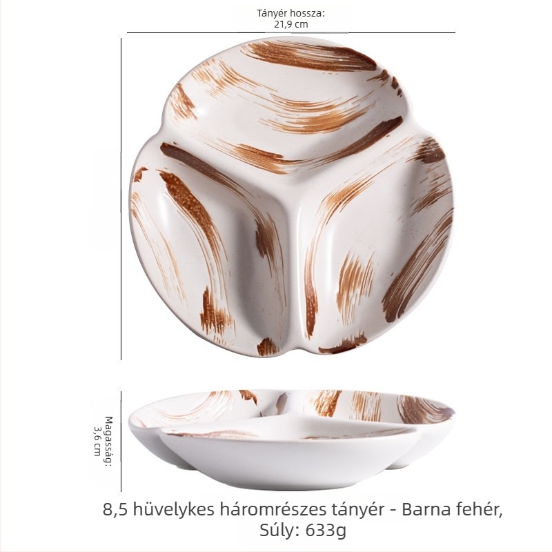 Zsírcsökkentő rekeszes vacsora tányér, porcelán, szabálytalan alak, modern minimalista stílus, mikróban használható