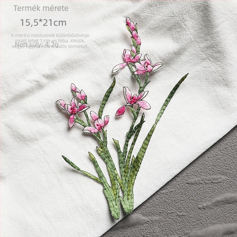 Etno-stílusú orchidea hímzett patch ruhákhoz, rayon anyagú, Rainbow embroidery, hátoldali vasalható ragasztóval