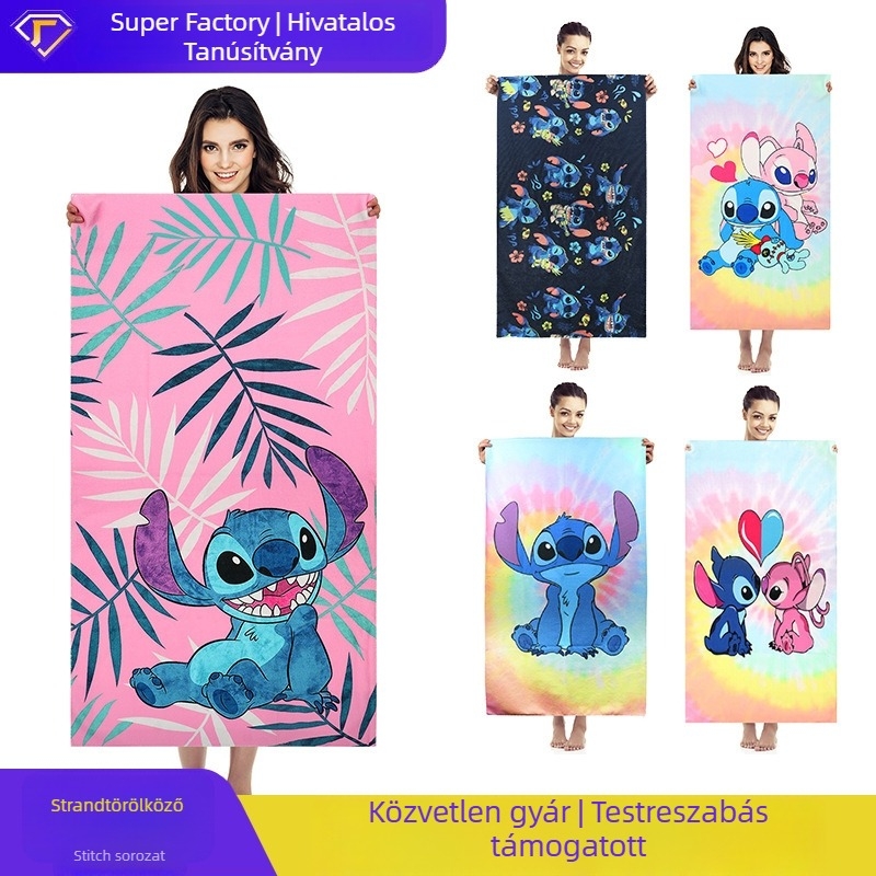 Stitch mikroszálas strandtörölköző, digitális nyomtatás, 150D szálak, 200–300 g, nedvszívó strandoláshoz és fürdéshez