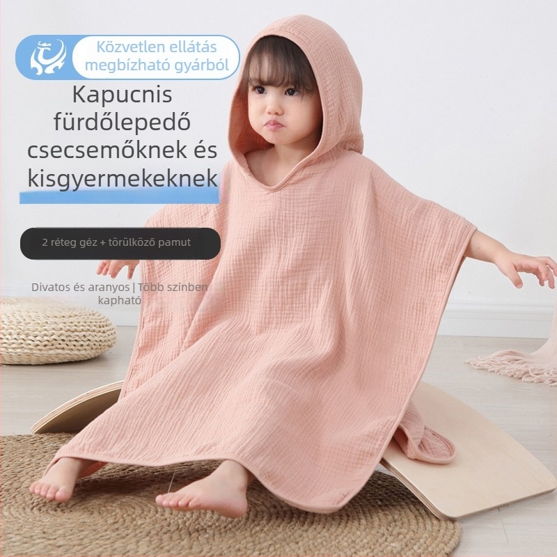 Baba fürdető törölköző kapucnival, 100% pamut, nedvszívó géz anyagú