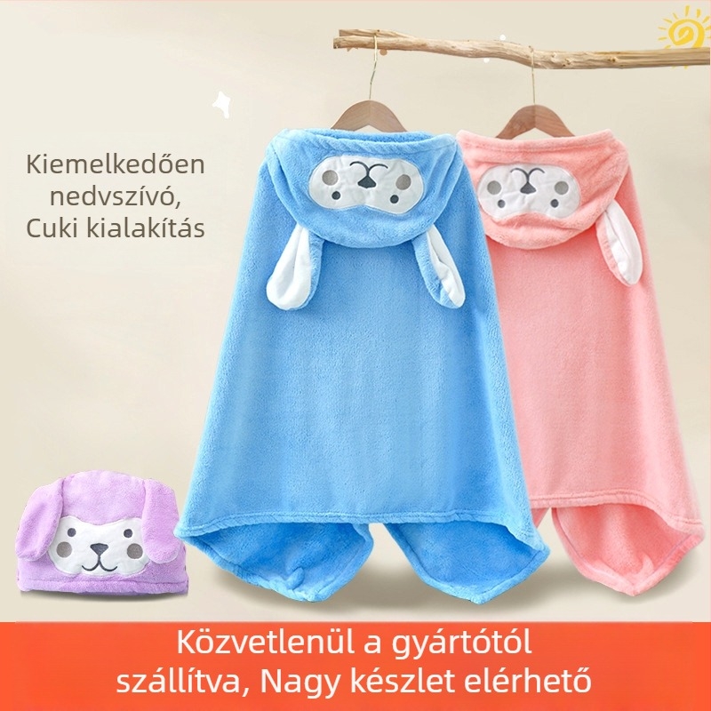 Gyerekeknek kapucnis fürdőköntös poncsó, Coral Fleece, 400–500 g, 150D, Plain Weave, Testreszabható feldolgozás