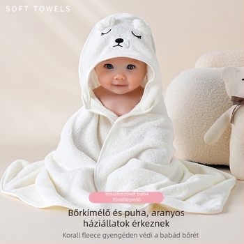 Baba kapucnis fürdőlepedő - korall plüss, 150D, 120–140 g, gyors száradás, minta: rajzfilm, betűk, hímzés